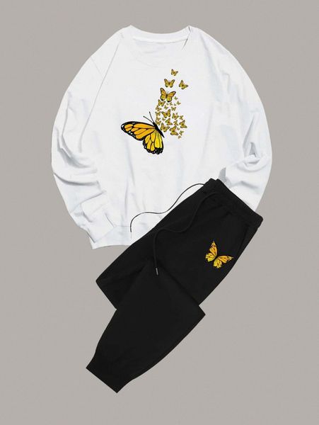 

romwe guys butterfly graphic sweatshirt & drawstring sweatpants d94x#, Gray