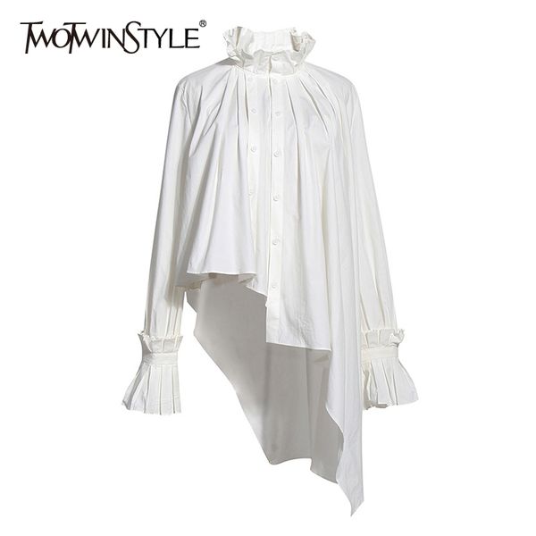 

twotwinstyle vintage asymmetrical women blouse stand collar flare long sleeve irregulaer hem ruched ruffles shirt for female new 210225, White