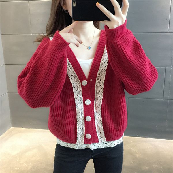 

women's sweaters autumn and winter knitted sweater jacket, fashion lace edge stitching loose v-neck short knit cardigan jacket e3i, White;black
