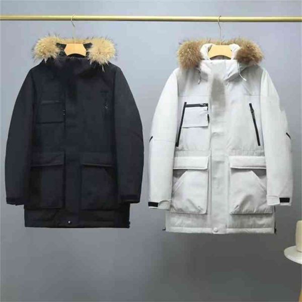 

21 winter men's leisure handsome outdoor mountaineering medium and long hooded wool collar thickened down jacket, Black