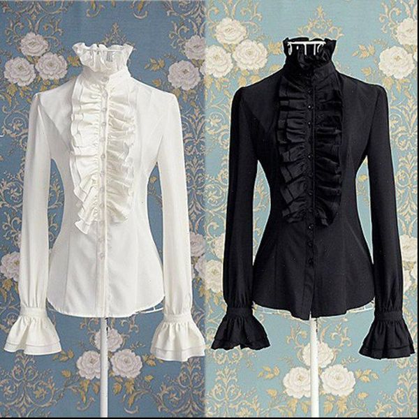 

fashion women lady vintage ol shirt frilly bolouse flounce blouse long sleeve womens ruffle stand collar blouses, White