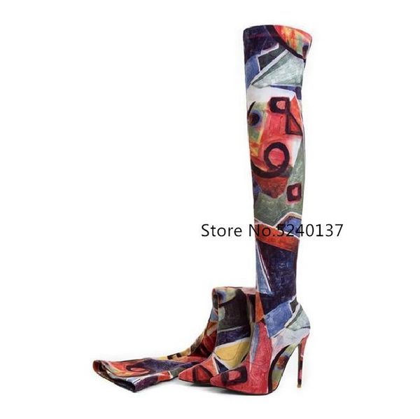 

boots 2021 european graffiti mixed color stretch fabric women over-the-knee pointed toe slip-on thin heel elastic high, Black