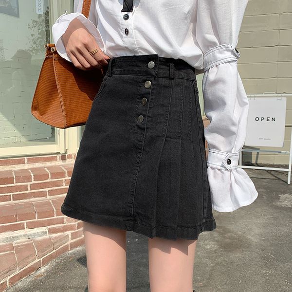 

new s-xlwomen denim 2021 korean a line high waist mini skirts women irregular pleated jean skirt style saia jeans (72835 db9e, Black