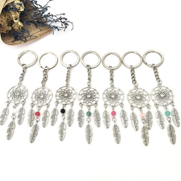 

key rings silver-color dreamcatcher keychain feather leaf dreamnet catcher keyholder pink blue white bead hanging decoration, Slivery;golden