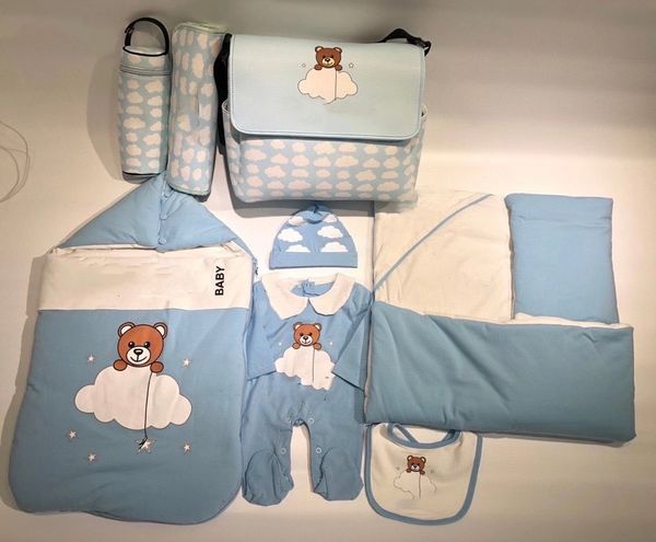 

newborn baby girls boys romper clothes spring cartoon infant long sleeve jumpsuit+hat+bib+blanket+sleeping bag 5pcs/outfits, Blue