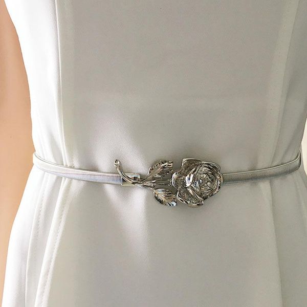 

belts for dress chic fashion women metal belt rose clasp front stretch spring waist strap elastic waistband gold/silver femme, Black;brown