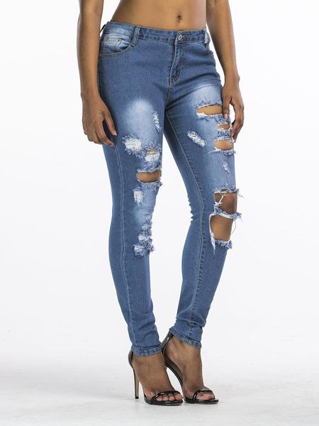 

women's jeans 2021 spring and summer fashion ripped denim pants skinny, Blue