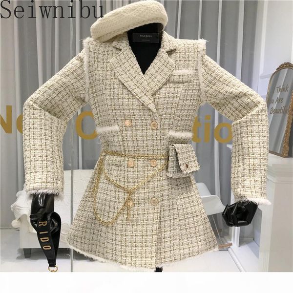 

2020 autumn spring women retro tweed spliced short coats suit plaid coat women slim double-breasted jacket with waist bag t200828, Black;brown
