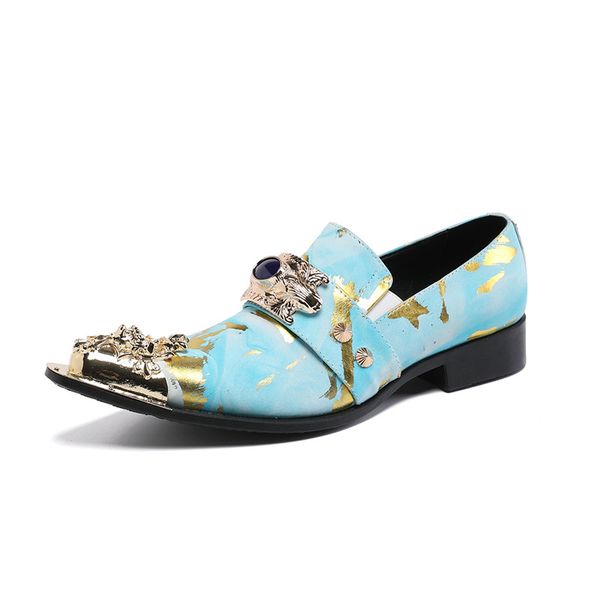 

gold metal toe print leather shoes men oxfords flat heel t stage men formal business shoes gentlemen loafers, Black