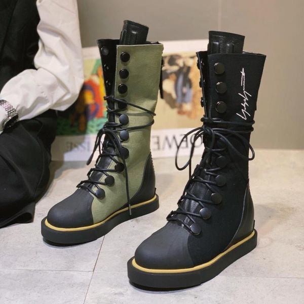 

boots 2021 winter motorcyle punk patchwork woman height increasing womancleather mid-calf, Black
