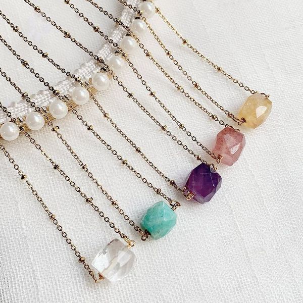 

pendant necklaces healing jewelry natural crystal necklace stainless steel choker multifaceted quartz citrines amazonite amethysts collier, Silver