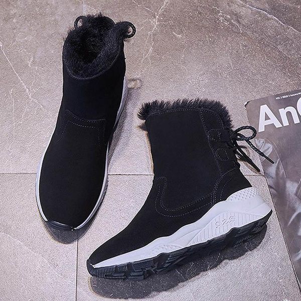 

boots weweya flat platform ankle shoes women fashion rear strap ladies walking warm plush hairy snow woman flats, Black