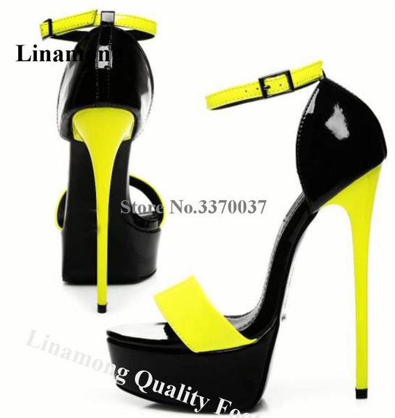 

dress shoes linamong open toe patchwork high platform stiletto heel sandals yellow-black patent leather club heels