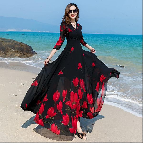 

2021 new summer women black v neck chiffon flower long dress female boho beach slim fashion dresses vestitos w175, Black;gray
