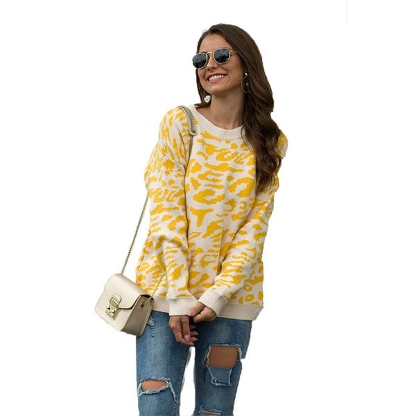 Mulheres malha camisola rosa amarelo roxo plus size outono outono inverno lazer topo leopardo manga comprida moda solta lr489 210531