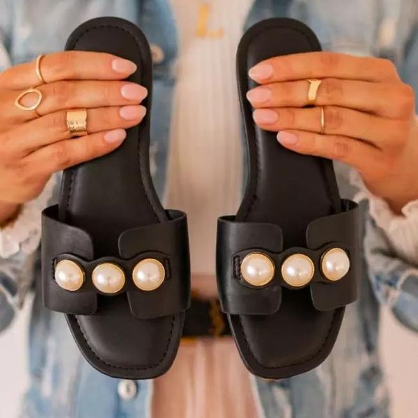 

slippers 2021 summer elegant women pearl design pu leather flat heel rubber sole outdoor ladies luxury slides celebrities, Black