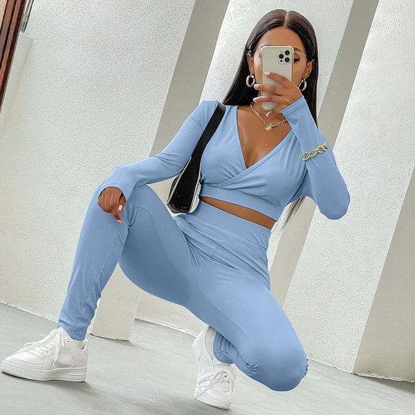 

women's two piece pants 2021 all season fashion sportsuit sportswear casual solid striped v-neck long trousers two-piece suit, White