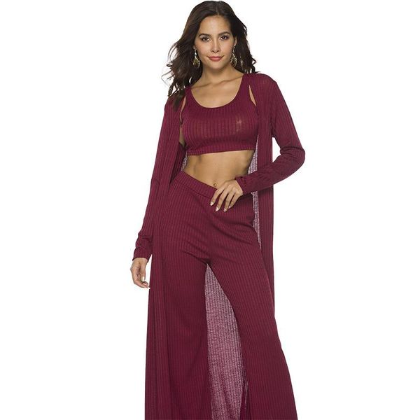 

2021 spring autumn mature women 3 piece set hollow long sleeve outwears full length underwears knit women's sets, Gray