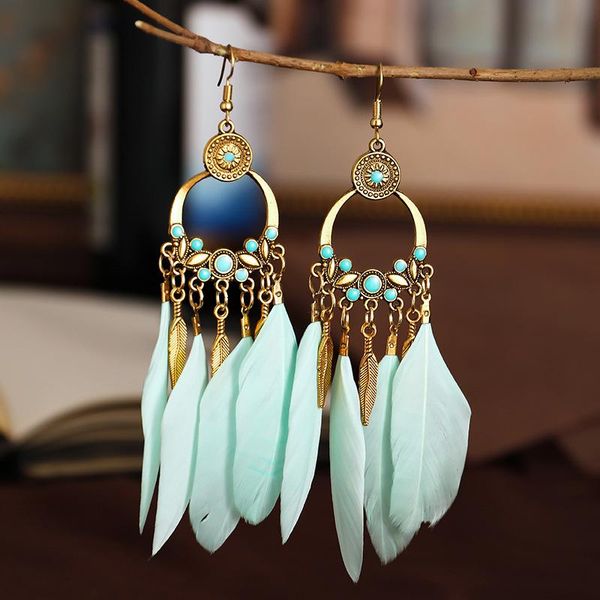 

hoop & huggie vintage alloy tassel feather earrings women's exotic leaves ancient gold simple hollow, Golden;silver
