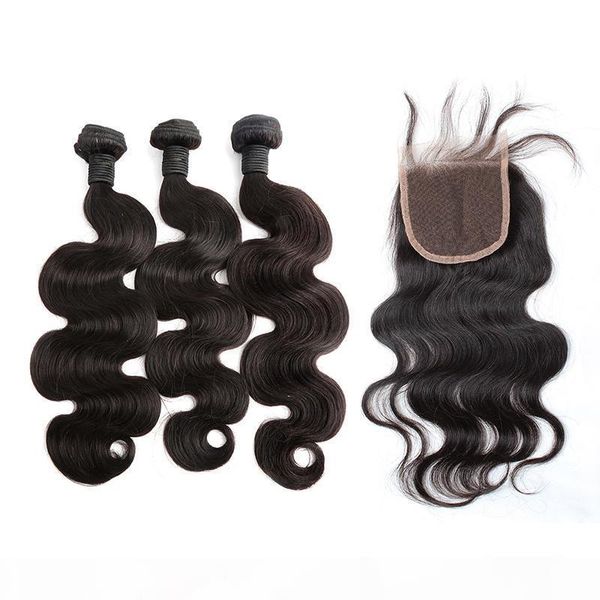 

greatremy part closure with human hair bundles body wave brazilian indian malaysian peruvian virgin hair bundle and lace closure 5pcs, Black