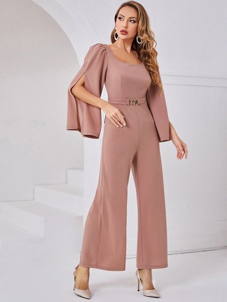 

split sleeve wide leg belted jumpsuit m17q#, White