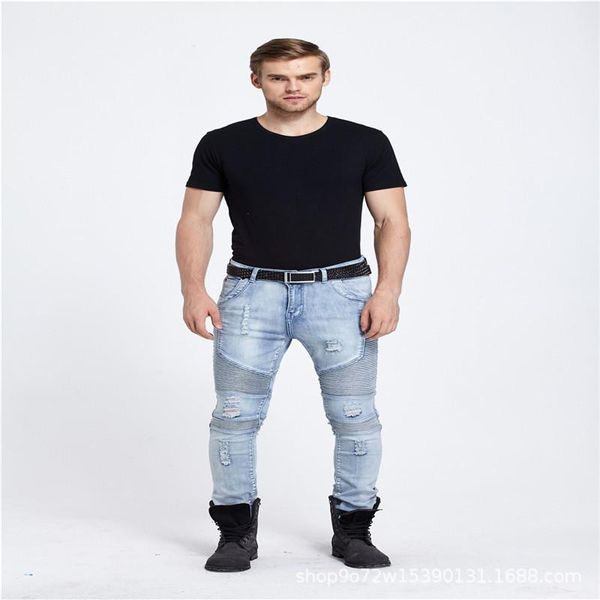 

men's jeans wimilous the biker euro splicing stretch feet pants, Blue