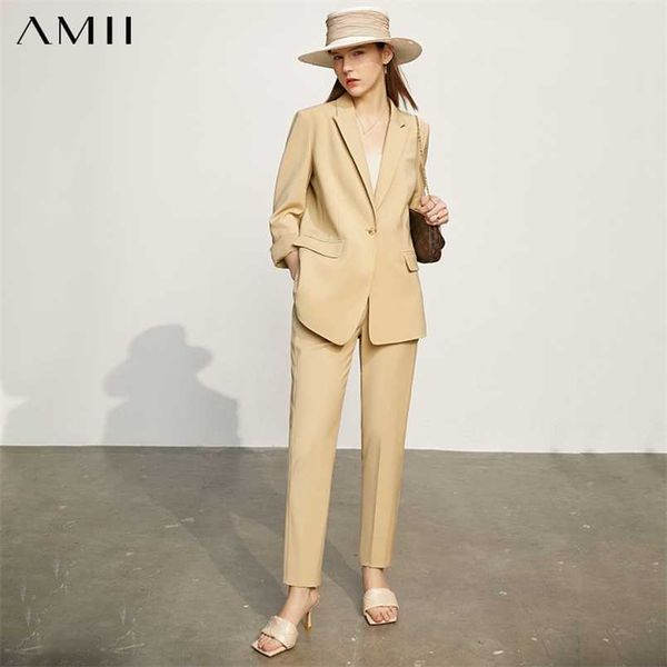 

amii minimalism spring women's suit offical lady solid lapel blazer women causal high waist suit pants 12130081 211007, White