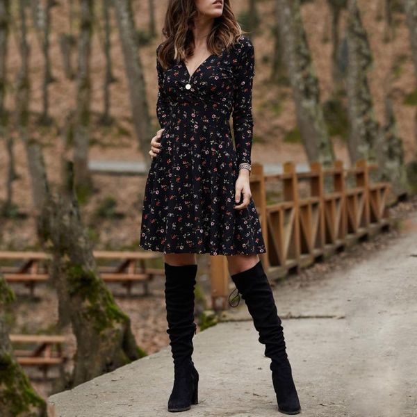 

casual dresses women long sleeve v neck print boho dress female elegant daily clothes vintage a-line swing spring autumn vestido, Black;gray