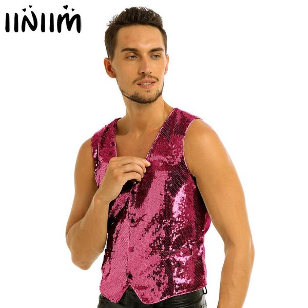 

men's vests iiniim fashion party clubwear for mens slim fit sequins suit vest button down formal business dress separate waistcoat, Black;white