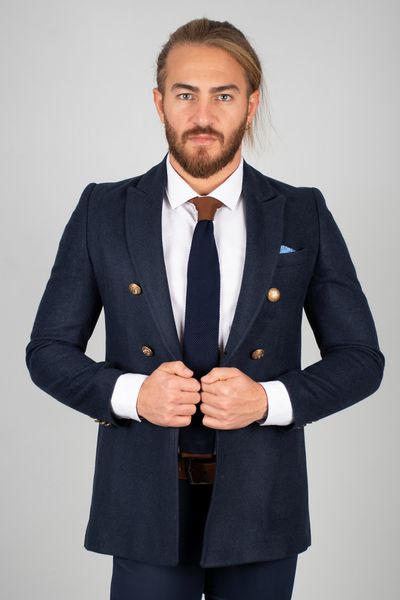 

Navy Blue Men 's Luxury Sports Stamp Metal Button Overcoat Tight-fitting Mould Hot Autumn Winter Italian Style Long Coat Ynyg, Black;brown