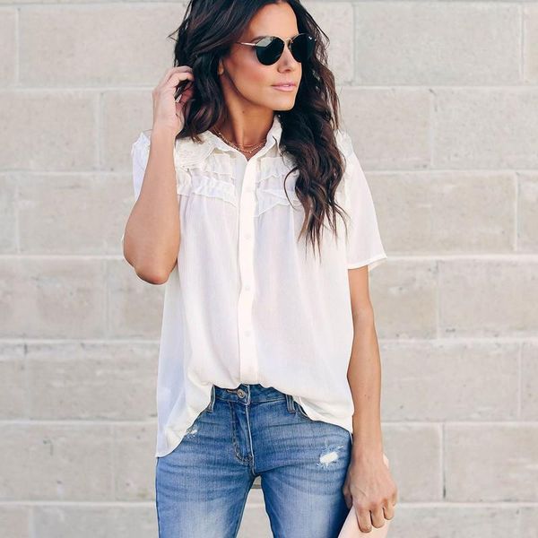 

work office button up blouse women shirt v neck and blouses shirts women's, White