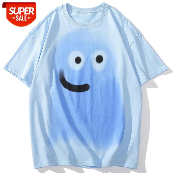 

2021 t shirt men blue smily print tshirt fashion oversized loose short sleeve summer streetwear hip hop black #yq5c, White;black