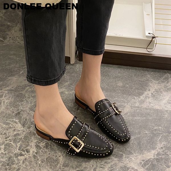 

2020 brand designer women slippers slip on mules flat heel casual shoes british rivet slides wooden block heels summer chaussure, Black