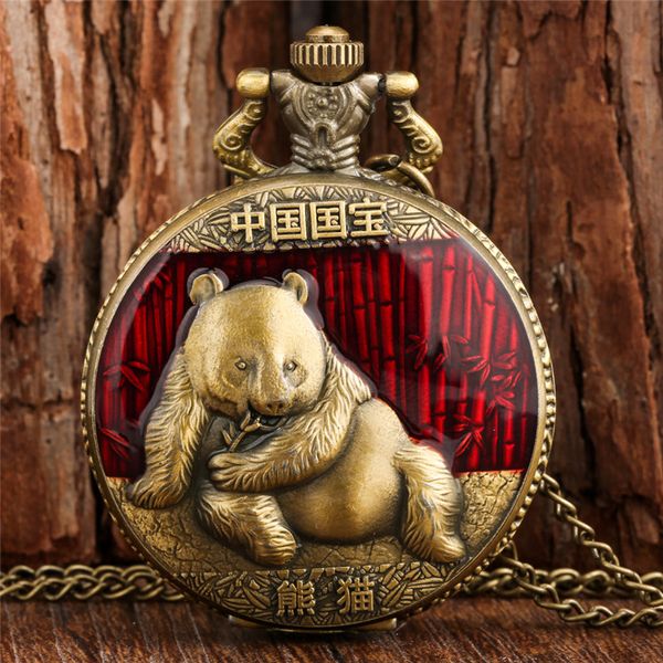 Orologio da taschino vintage con design a forma di panda cinese, numero arabo, orologi analogici al quarzo per uomo, collana, catena, souvenir
