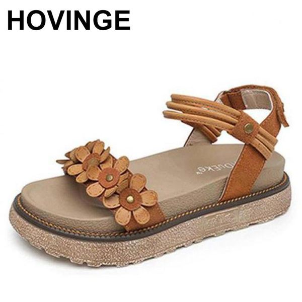 

dress shoes hovinge women fashion roman sandals flowers solid color platform summer wild breathable flat comfortable, Black