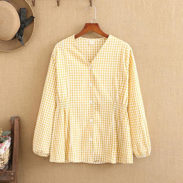 

plus size t-shirt women plaid shirts v-neck cotton shirt with buttons elastic bands around waist large dress clothing springs, Black