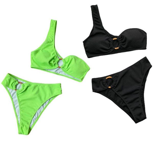 

women bikini set one shoulder o-ring swimsuit ribbed neon solid beachwear