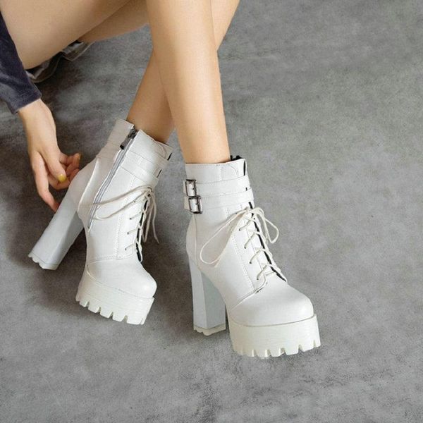 

boots sianie tianie plain white black punk goth for women block high heels platform buckle strap cross-tied riding ankle