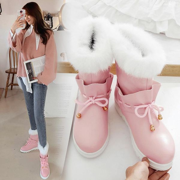 

boots yqbtdl sweet fur ankle shorty for womens winter 2021 cross-tied knot pink black white party princess shoes drop