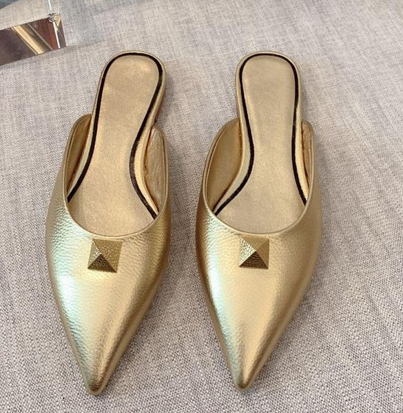 

slippers candy color genuine leather one-strap women open toe flat heel rivet decor lazyman mules lady summer beach, Black