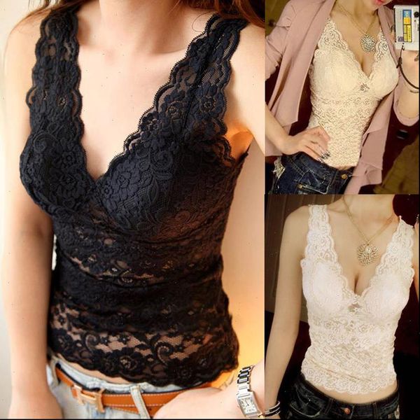 

summer women crop lace flower pattern deep v collar silm fit vest lace tos see through strappy bralet tank, White