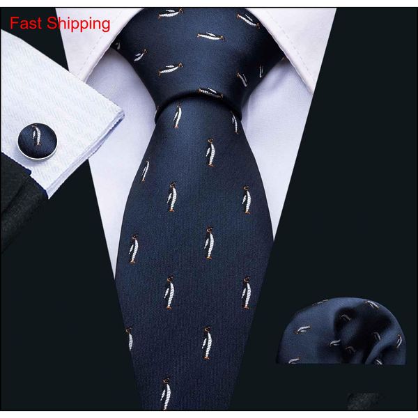 

luxury mens tie dark blue tie with cute penguin small pattern set handkerchief and cuffs wholesale business we qyltah mj_fashion, Black;blue