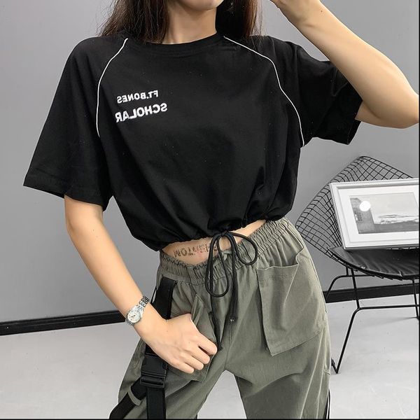 

women crop lettered embroidered t shirt short raglan sleeve drawstring short high waisted jazz dance fashion e girls, White