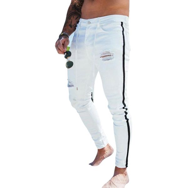 

men skinny jeans biker destroyed frayed fit denim ripped denim pants side stripe pencil pants hip hop streetwear fit, Blue
