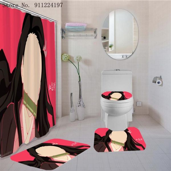 

shower curtains demon slayer bath curtain set 4 piece waterproof anime toilet lid cover rugs japan bathroom decor