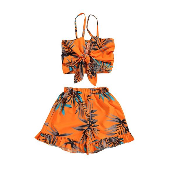 

clothing sets 2021 imcute 2pc baby girls clothes, bowknot sling shirt leaf printed beach vest loose pants, summer casual orange shorts suit, White