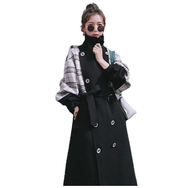 

women's wool & blends hepburn style regular sleeve stitching black woolen mid-length autumn and winter thick casual coat trend