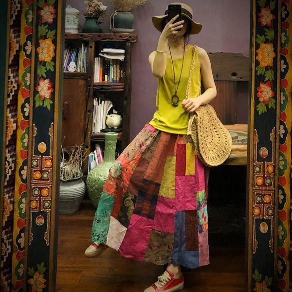 

skirts fairynatural pleated ladies retro patchwork cotton ankle length 2021 autumn simple women linen skirt, Black