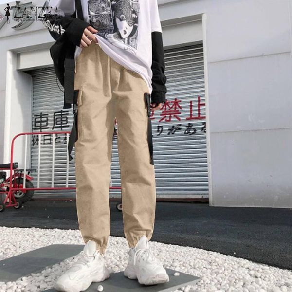 

stylish overall turnip women's spring cargo pants zanzea 2021 casual elastic waist long trousers female solid pantalon plus size, Black;white