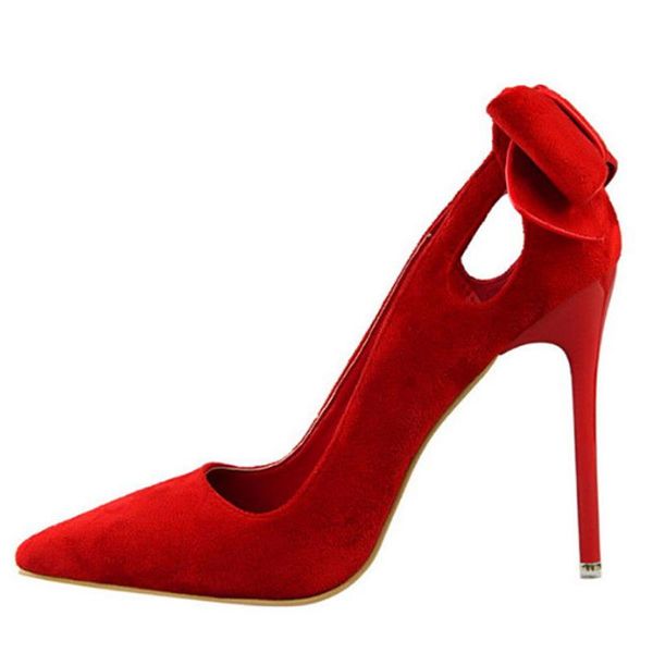 

dress shoes plus size 34-40 cut-outs sweet bowtie women pumps concise solid flock pointed toe shallow high heels for, Black